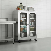 Stainless Steel Kitchen Cabinet Rust-Resistant Sliding Door Cupboard On Wheels Mobile Pantry Cabinet for Dining Room