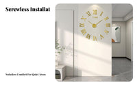 Punch-Punchless Installation DIY Frameless Wall Clock Silent Movement Frameless Roman Numeral Clock Easy to Install for Renters, Bedroom