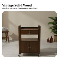 Wooden Cosmetic Trolley Vintage Design 3-Tier Salon Cart with Cabinet Dense Wood Utility Trolley Multi-Functional for Home