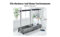 Mop Rack with Wheels and Drip Tray Stainless Steel Frame Mobile Mop and Broom Holder Easy Drainage Rolling Cleaning Tool Organizer for Janitors, Hotel