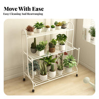 Multi-Layer Design 3-Tier Rolling Plant Trolley 360° Swivel Wheels Flower Rack Sturdy Frame Garden Supply Large Capacity for Gardening Enthusiasts, Event Planners, Balcony, Living Room, Indoor, Wedding