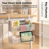 Office Desk Hanging Basket with Adjustable Iron Frame for Storage, Shelf Organizer with Hooks for Home Workers, No Drill Installation