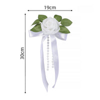 Satin Car Mirror Flower with Pearls Lightweight Wedding Car Flower with Ribbon Ornamental Artificial Rose with Streamers Vivid for Brides