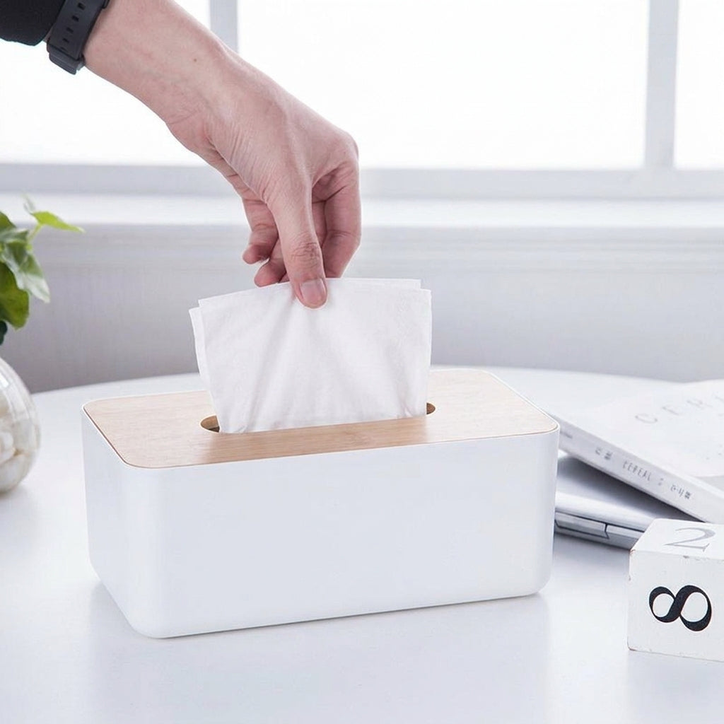 Tissue Box Holder with Modern Minimalist Style for Home Office, Top Rectangular Tissue Box Cover and Desk Organizer, Long Phone Holder Design