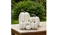 7 Pieces Fake Pumpkins with Gold Stripes Autumn Artificial Pumpkin Arrangement Seasonal Decorative Pumpkins for Party Hosts