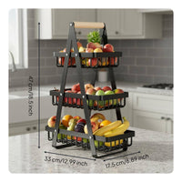 Space Saving Tiered Fruit Basket Large Capacity Multi-Level Food Basket Raised Edges Kitchen Countertop Rack Wooden Handle for Living Room