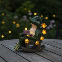 Frog Rocking Chair Figurine Rustic Wood-Tone Solar Frog Ornament Decorative