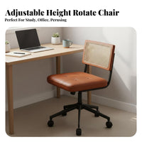 Woven Backrest Cane Back Rolling Chair Adjustable Height Office Seating 360-Degree Swivel Home Furniture Retro Design for Students, Adults, Teens, Bedroom, Study Room