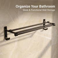 Towel Bar and Bath Holder for Washroom Organization, Wall Mounted Kitchen Rack with Hooks for Travelers, Aluminum Alloy Construction