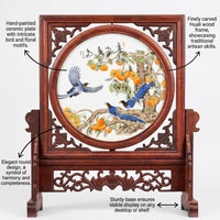 Rosewood Carved Desktop Screen Ornament, Vintage Style Porcelain Panel Table Divider for Desk, Chinese Floral Bird Painting Decor