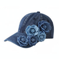 Flower Decoration Washed Jean Baseball Cap Vintage Design Floral Jean Cap Elegant Look Headwear for Outdoor, Beach