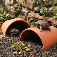 2 Pack Tortoise Hide and Terracotta Tortoise Hide, Arched Aquarium Caves and Hides with Feeding Basin, Porous Shelter for Turtle Tank