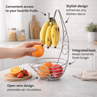 Fruit Bowl with Banana Hanger for Kitchen Countertop, Metal Wire Basket with Perforated Design for Air Circulation