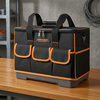 Oxford Textile 18 Inch Tool Bag Black and Orange Hard Bottom Tool Bag Flat-Lid Design Portable Storage Reinforced Handle