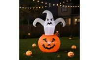 Freestanding Inflatable Ghost with Jack-O'-Lantern Lighted Inflatable Pumpkin with Ghosts Glowing Outdoor for Garden, Porch