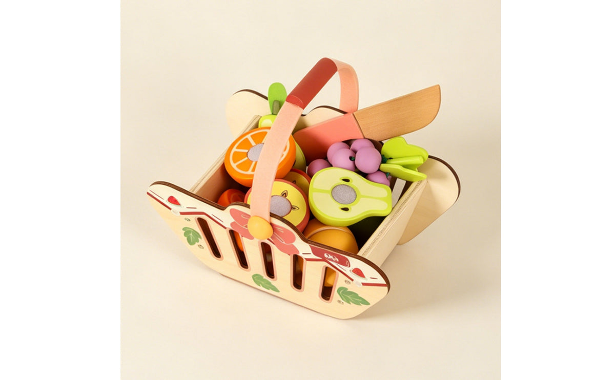 Painted Wooden Fruit Basket Toy with Slicing Play Set