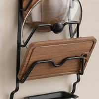 Walnut Lid Organiser, Wall Mounted Rack for Saucepans, Compact Kitchen Storage, Sturdy Pot Lid Holder for Home
