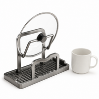 Modern Minimalist Dish Drainer Rack, Gunmetal Grey Aluminum Utensil Holder with Drip Tray, Freestanding Pot Lid Drying Rack for Small Flats