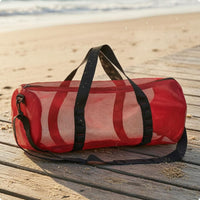 Zippered Mesh Duffel Bag Adjustable Shoulder Strap Cylindrical Travel Bag Carry Handles Strapping Loops