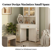 Modern design Triangular Corner Vanity with Lighted Mirror Space-Saving Design Lighted Corner Vanity with Storage Includes Matching Stool Dressing Table for Apartment Dwellers, Women, Young Adults