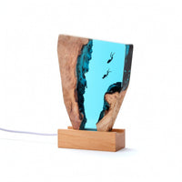 Ocean-Inspired Epoxy Night Light with Wood Base Aquatic Epoxy Resin Night Light Faceted Resin Wood Lamp Irregular for Shelf