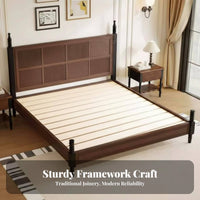 Vintage Cane Panel Bed French Retro Design Bedroom Furniture High-End Feel Bedstead for partners, Homeowners, Guest Room, Villa, Home