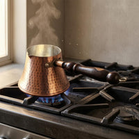 Antique Bronze-Brown Copper Cezve Dimpled Metal Hammered Copper Coffee Pot Wooden Handle Turkish Coffee Pot Flared Top
