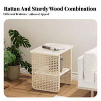 Nordic Design Two-Tier Woven-Panel Side Table Minimalist Aesthetic 2-Tier Table Japanese Aesthetic Nightstand Space-Saving for Apartment Dwellers, Homeowners, Bedroom, Small Areas, Guest Room, Entryway