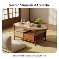 two-level Oval Glass and Rattan Stand Nordic Design Coffee Table Space-Saving Rounded Edges for Living Room, Lounge Area, Office