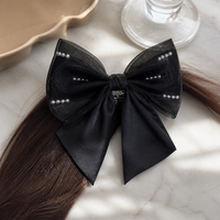 Mesh Pearl Black Bow Hair Clip for Women, Elegant Satin Top Clip Hair Accessory