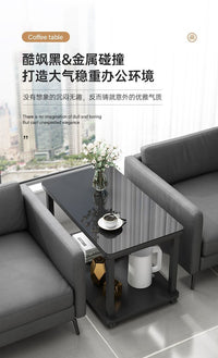 边几钢化玻璃沙发客厅现代移动带轮简约办公室家用小桌子茶几 【固定脚+钢化玻璃】黑色80*40cm