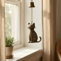 Cat Wind Chime Textured Bronze Cat Chime House Decoration Small Bell Hanging Ornament Cord Cord Hanging for Entryway, Window