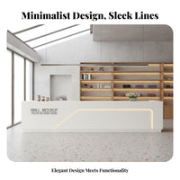Contemporary Salon Front Desk High-Gloss Finish Minimalist Welcome Desk Sleek Look White LED Reception Counter for Retailers, Salons, Spa, Hotel Lobby