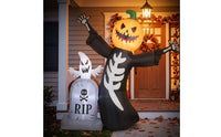 2 Pieces Spooky Inflatable Skeleton with Pumpkin Head Outdoor Inflatable Tombstone with Ghost Self-Standing Halloween Inflatables Lawn for Porch