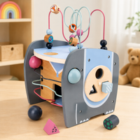 26cm Wooden Motor Skills Cube, Busy Board for Ages 1+ with Bead Maze, Motor Skills Toy for Toddlers, Educational Animal Activity Cube