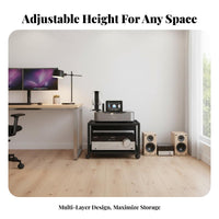 With Rolling Casters High-Fidelity Amplifier Rack Steel and Wood Construction Multi-Tier Amplifier Stand Heavy Duty Adjustable High-Fidelity Equipment Shelf Modern Design for Audiophiles