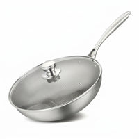 Frying Pan for Stir Fry and Wok Induction Hob Cooking, Stainless Steel Wok with Lid and Honeycomb Surface, Flat Bottom Pan, Electric Gas Use
