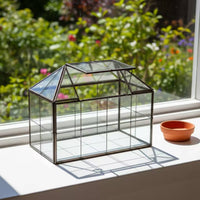 Tabletop Terrarium with Hinged Roof Handmade House-Shaped Terrarium Transparent Glass Greenhouse Miniature for Gardeners