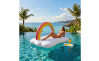 Inflatable Bed with Rainbow Arch Colorful Rainbow Pool Lounger Cloud Floating Bed Comfortable Pool Lounger with Cloud Backrest