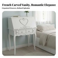 French design Carved Dressing Table with Stool and Mirror Princess Theme Vanity Set Floral Carvings Bedroom Furniture Space-Saving for Teenage Girls, Makeup lovers, Teenagers, Small Apartment, Dorm Room