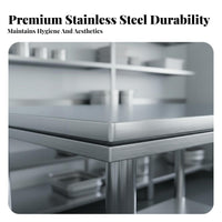 Easy to Clean 2-Tier Stainless Steel Table High Load Capacity Stainless Steel Prep Table Rust-Resistant Commercial Kitchen Worktable Multi-Purpose for Caterers, Restaurant Personnel, Homeowners, Bakery, Warehouse, Garage, Workshop