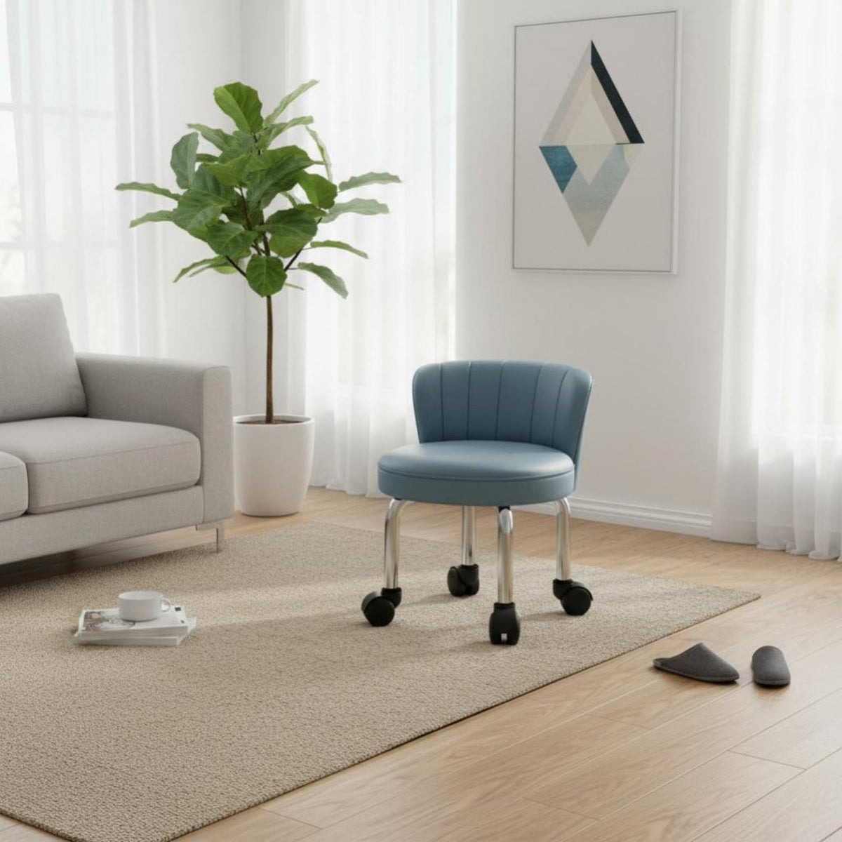 Quiet Casters Low Caster Stool with Backrest 360-Degree Swivel Wheels Rolling Chair with Back Support Comfortable Cushion Household Furniture Ergonomic Design for Beauticians, Technicians, Living Room, Entryway, Beauty Salon, Workshop