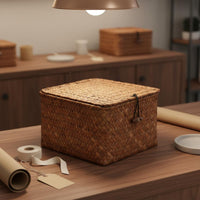 3 Pieces Handmade Straw Storage Box Natural Look Woven Lid Box Decorative Rectangular Shelf Basket Rustic Design for Desktop