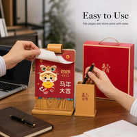 2026 Year of the Horse Wooden Desk Calendar with Pen Holder for Office & Home