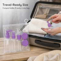 Travel Bottle Set for Cosmetics and Toiletries - Press Pump, Spray, and Cream Jars