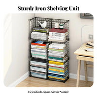 Multi-Layer Design Narrow Floor Bookshelf Space Saving Metal Grid Shelf Multifunctional Modular Wire Shelf Easy Assembly for Children, Students, Study Room, Bedroom, Office, Playroom