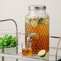 Water Dispenser Glass Water Jug with Fruit Infuser, Drink Dispenser with Wooden Base and Screw Lid