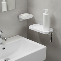 Wall-Mounted Punch-Free Bathroom Organizer with Toothbrush Holder and Liquid Soap Dispenser