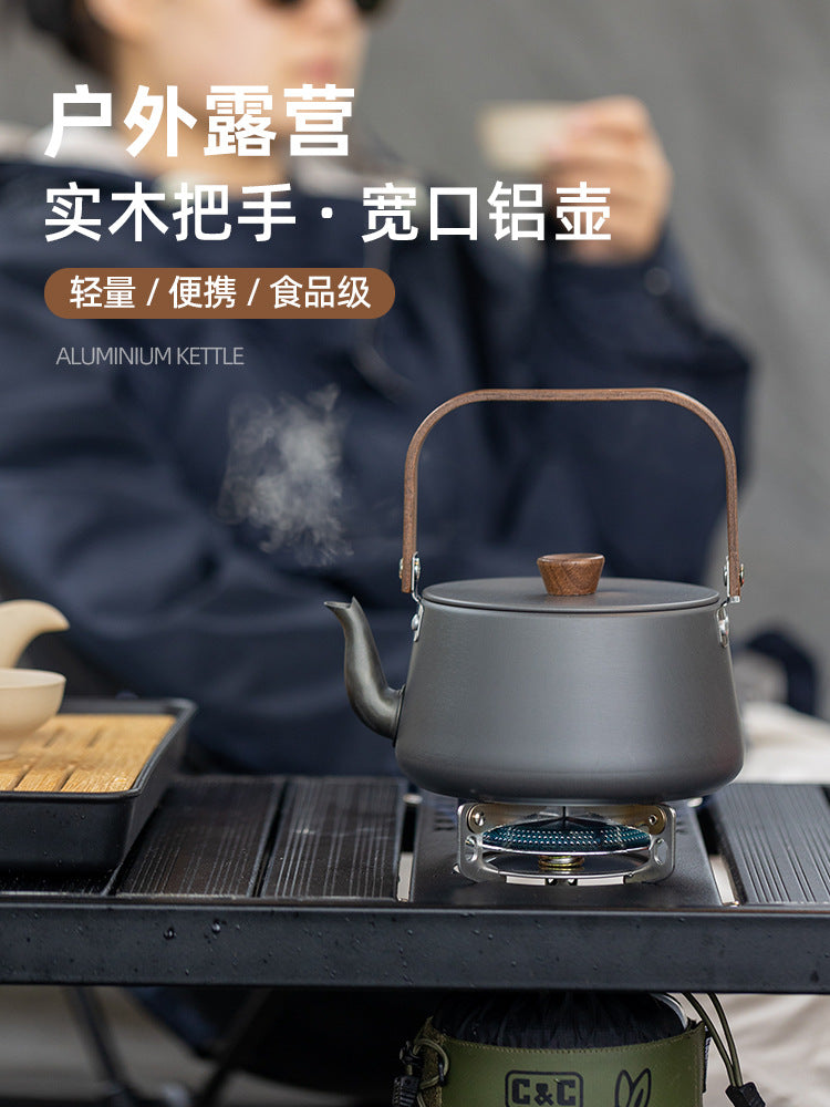 户外铝合金木柄茶壶露营烧水壶烧水泡茶壶野营野餐壶便携式咖啡壶
