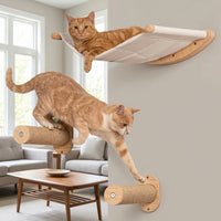 Wall Mounted Cat Furniture Set with Wooden Shelves and Climbing Ladder, Large Cat Bed Hammock for Indoor Cats, Elevated Vertical Play Space